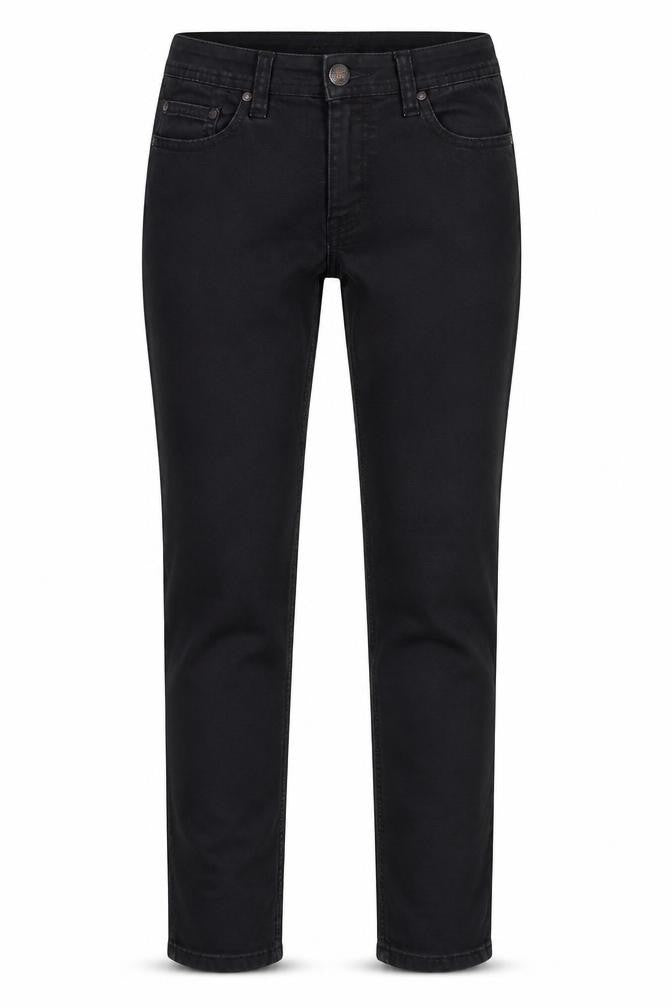 Front view of bliss women’s black cotton straight jeans, size UK 8, 32-inch leg regular button