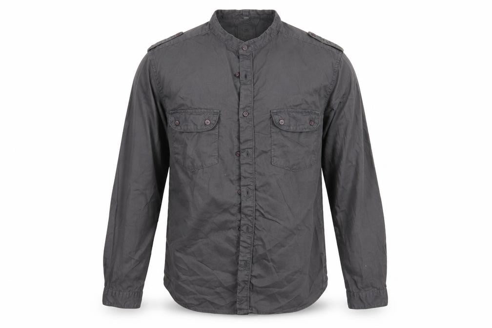 Front view of Burton men’s grey cotton button-up, size S, crew neck button