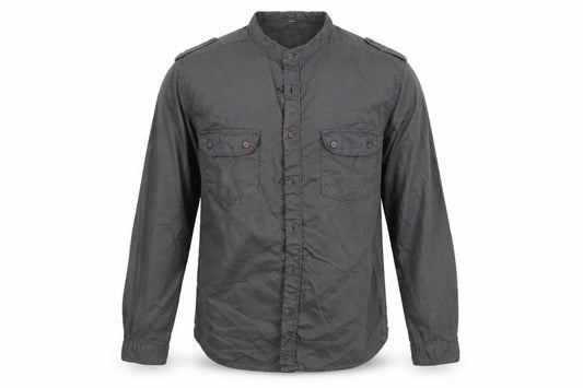 Front view of Burton men’s grey cotton button-up, size S, crew neck button