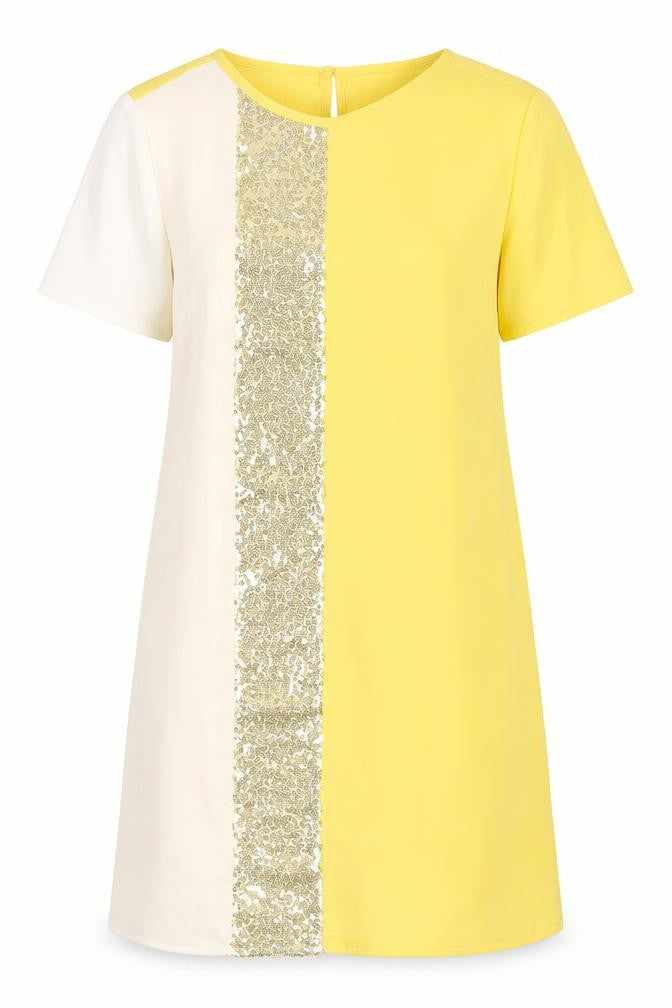 Front view of SHEIN women’s yellow striped polyester a-line, size S, crew neck pullover - sparkly