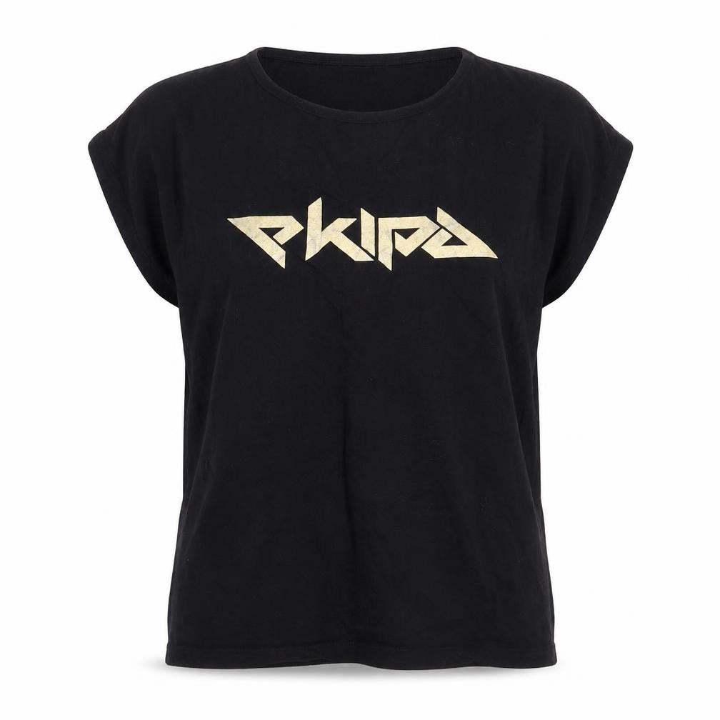 Front view of arass style women’s black cotton basic t-shirt, size L, crew neck