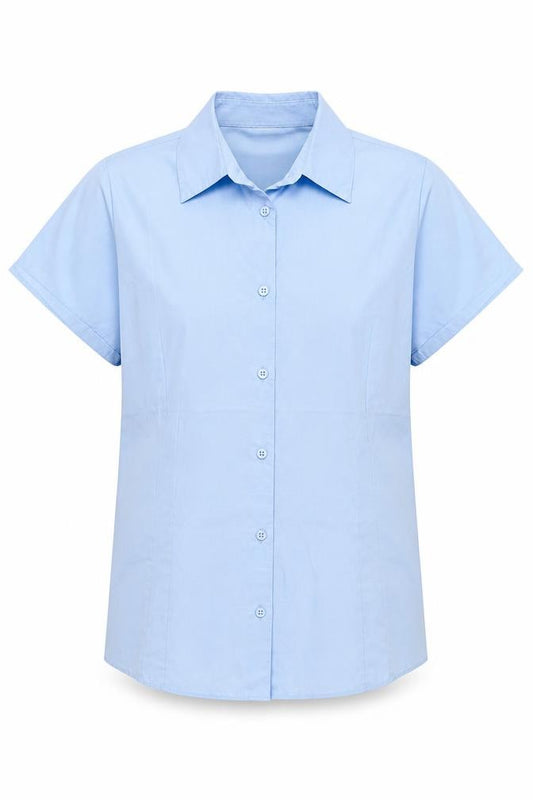 Front view of Marks & Spencer boys’ blue polyester basic button-up, size 14, years collared button - school wear