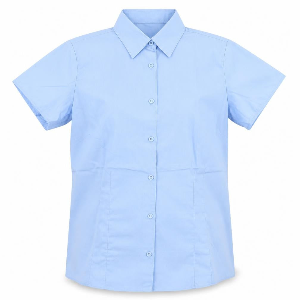 Front view of Marks & Spencer boys’ blue cotton basic button-up, size 14, years collared button - school wear