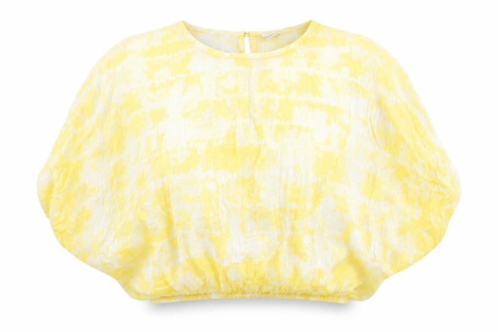 Front view of River Island women’s yellow viscose cropped blouse, size UK 8, crew neck
