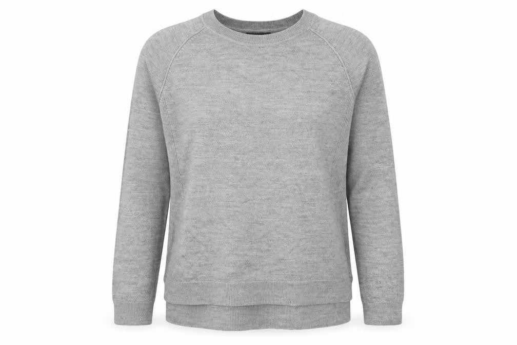 Front view of Primark women’s grey round neck acrylic jumper, size M