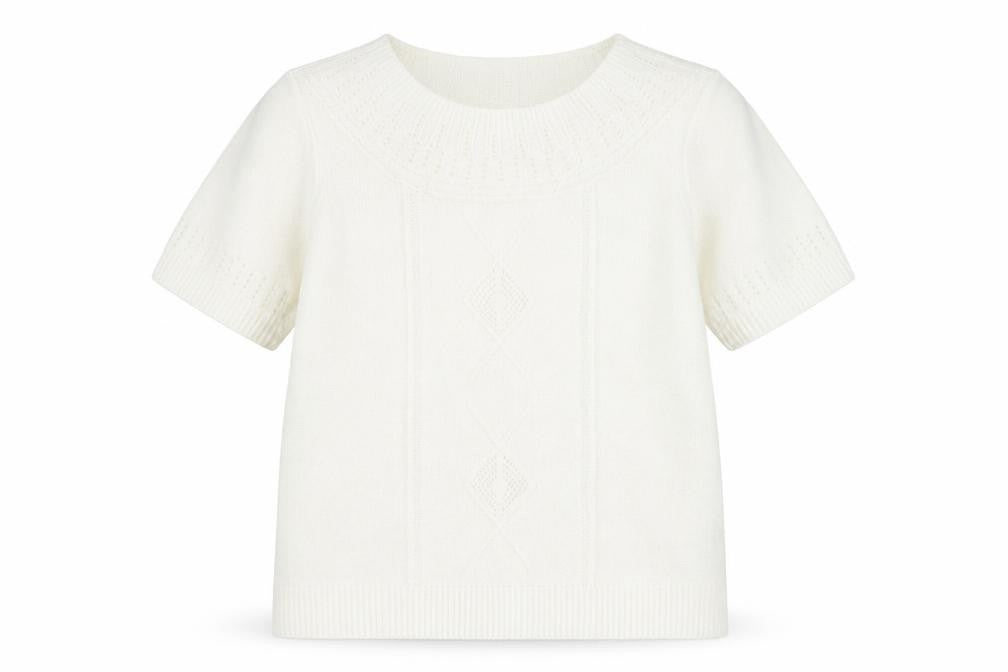Front view of Afibel women’s white round neck acrylic jumper, size UK 14