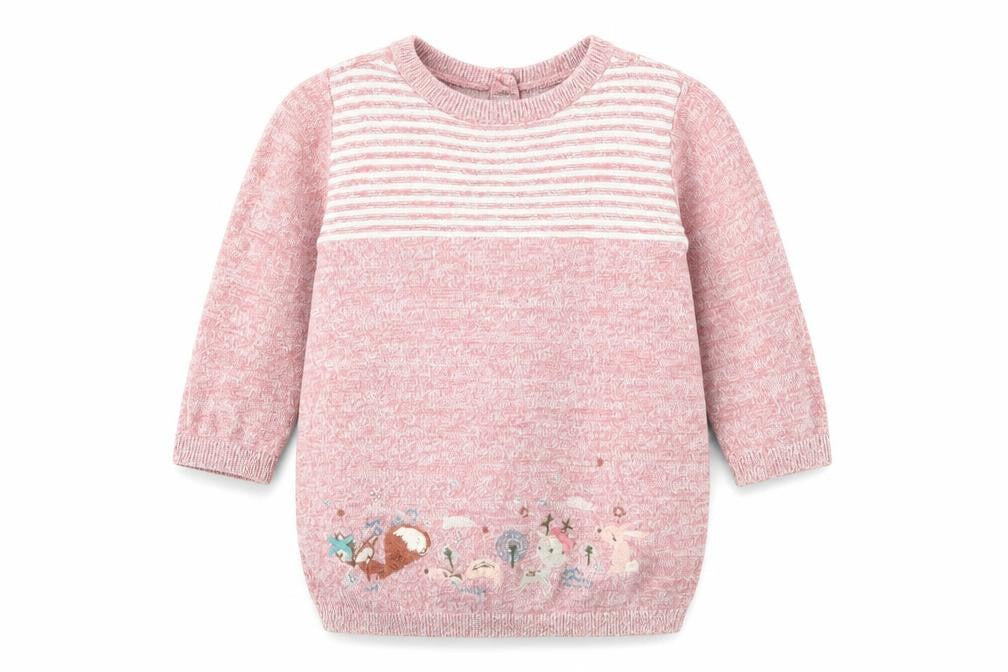 Front view of Tu Baby Pink Striped Cotton jumper, size 3-6, Months Button