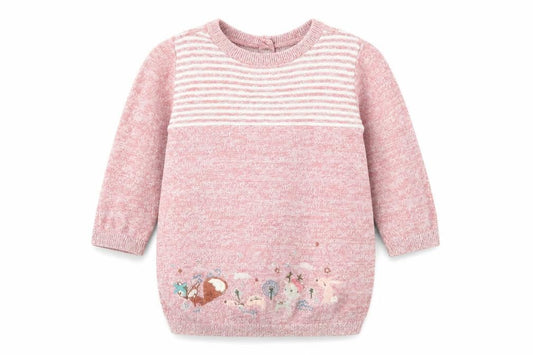 Front view of Tu Baby Pink Striped Cotton jumper, size 3-6, Months Button