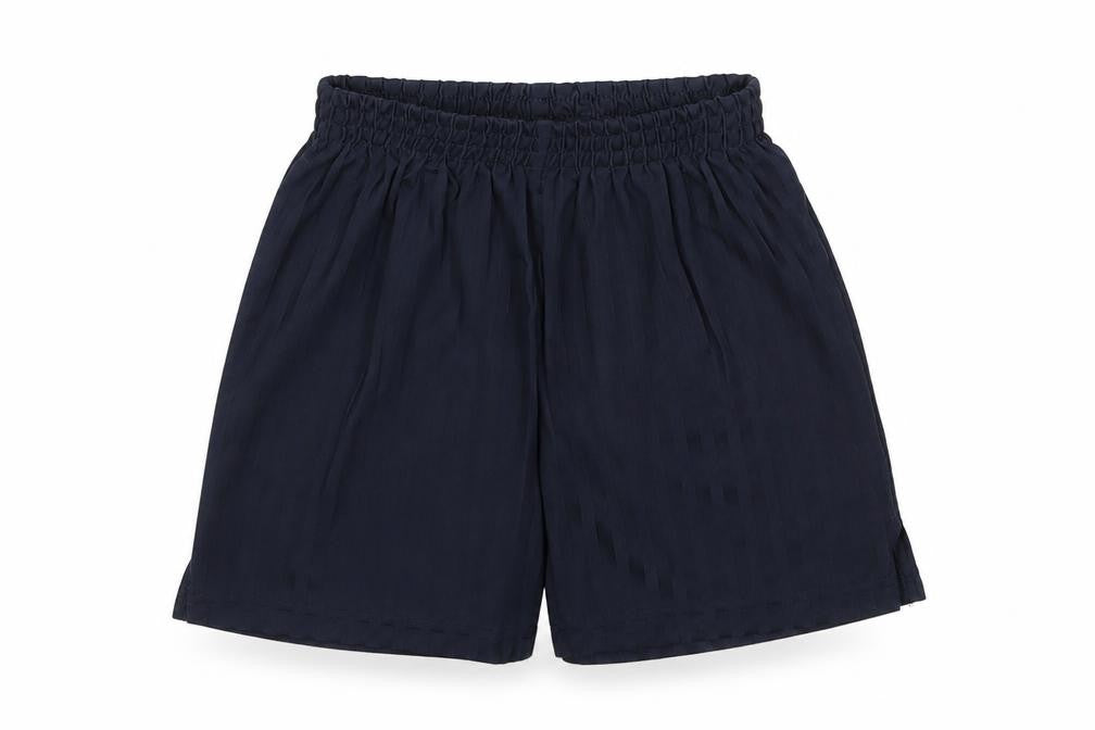 Front view of Tu boys’ blue striped polyester sweat shorts, size 7, years regular