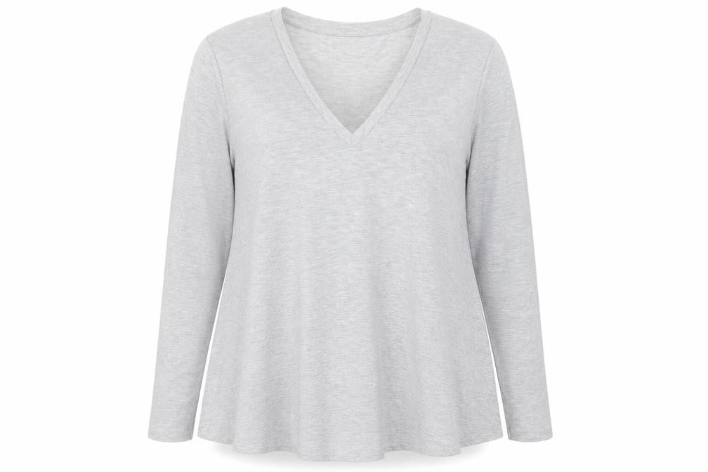 Front view of Savida women’s grey viscose basic t-shirt, size L, v-neck