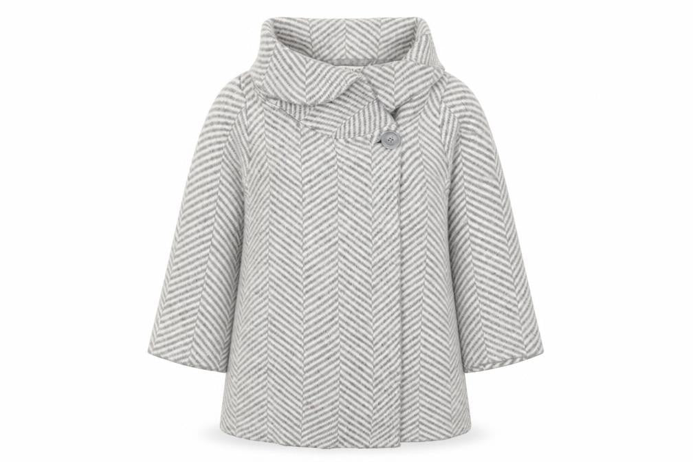 Front view of Max Studio women’s grey collared herringbone acrylic cardigan jumper, size M