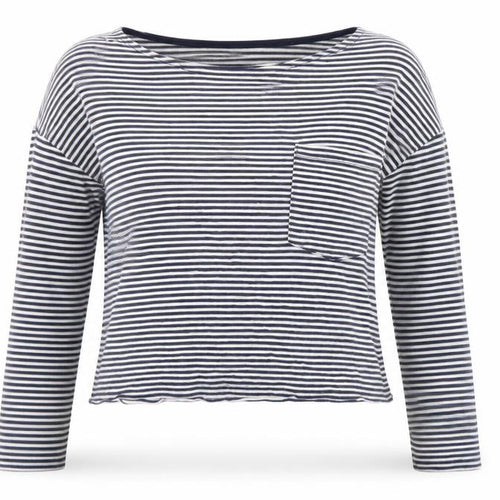 Topshop Womens Blue Striped Viscose Cropped T-Shirt Size 6 Crew Neck - Chest Pocket