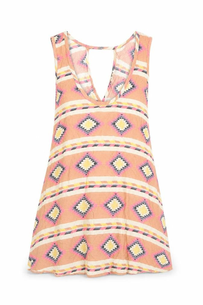 Front view of Miss Selfridge women’s pink argyle/diamond viscose basic blouse, size UK 6, round neck - open back