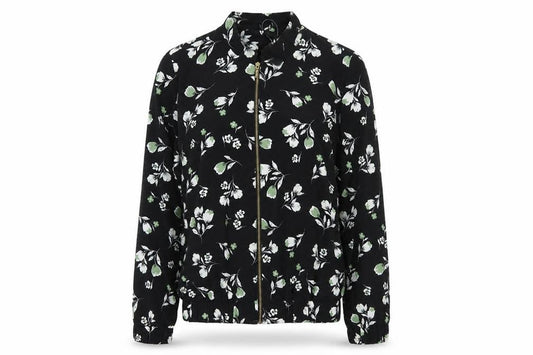 Front view of V by Very women’s black floral jacket, size UK 12, zip