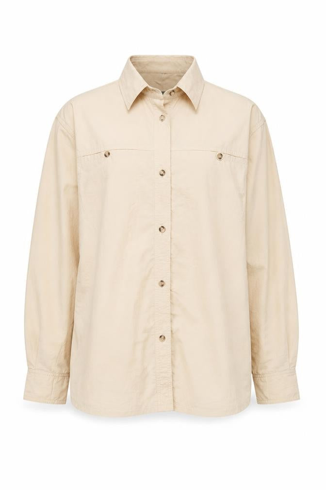 Front view of Outdoors men’s beige nylon button-up, size M, v-neck button