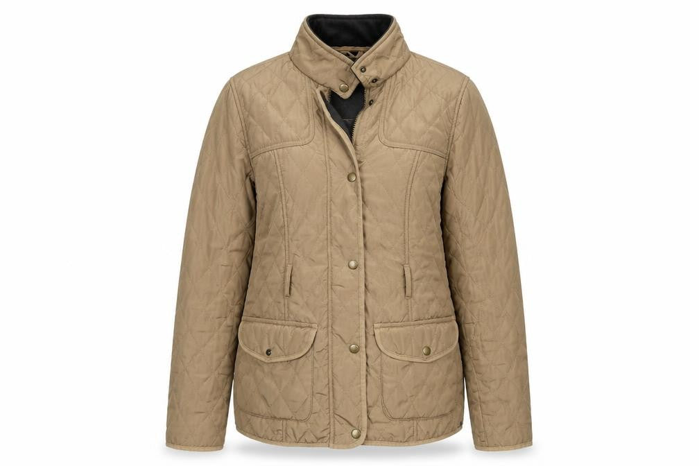 Front view of Papaya women’s beige quilted jacket, size UK 14, zip