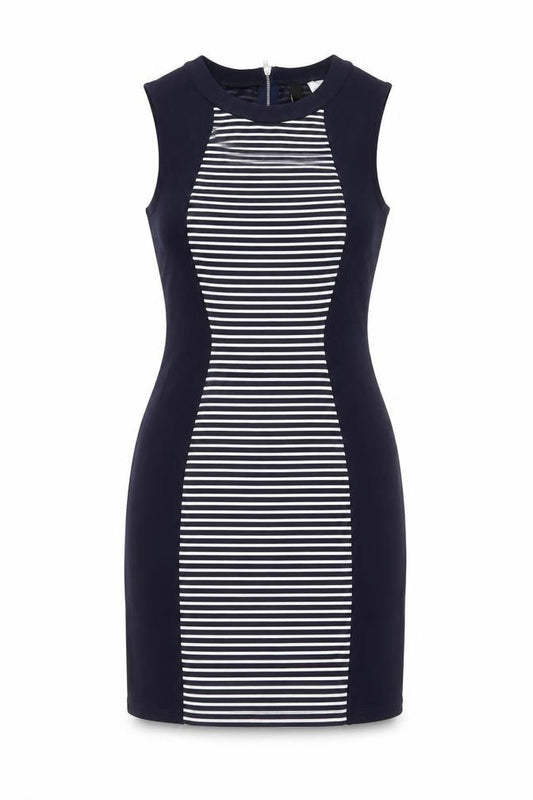 Front view of Divided by H&M women’s blue striped polyester mini, size UK 10, round neck