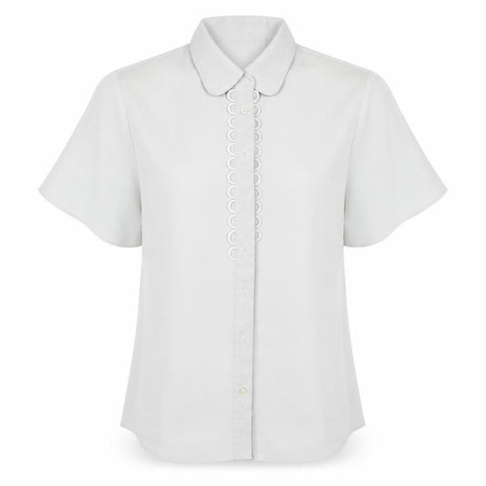 Front view of BHS women’s grey polyester basic button-up, size UK 12, collared