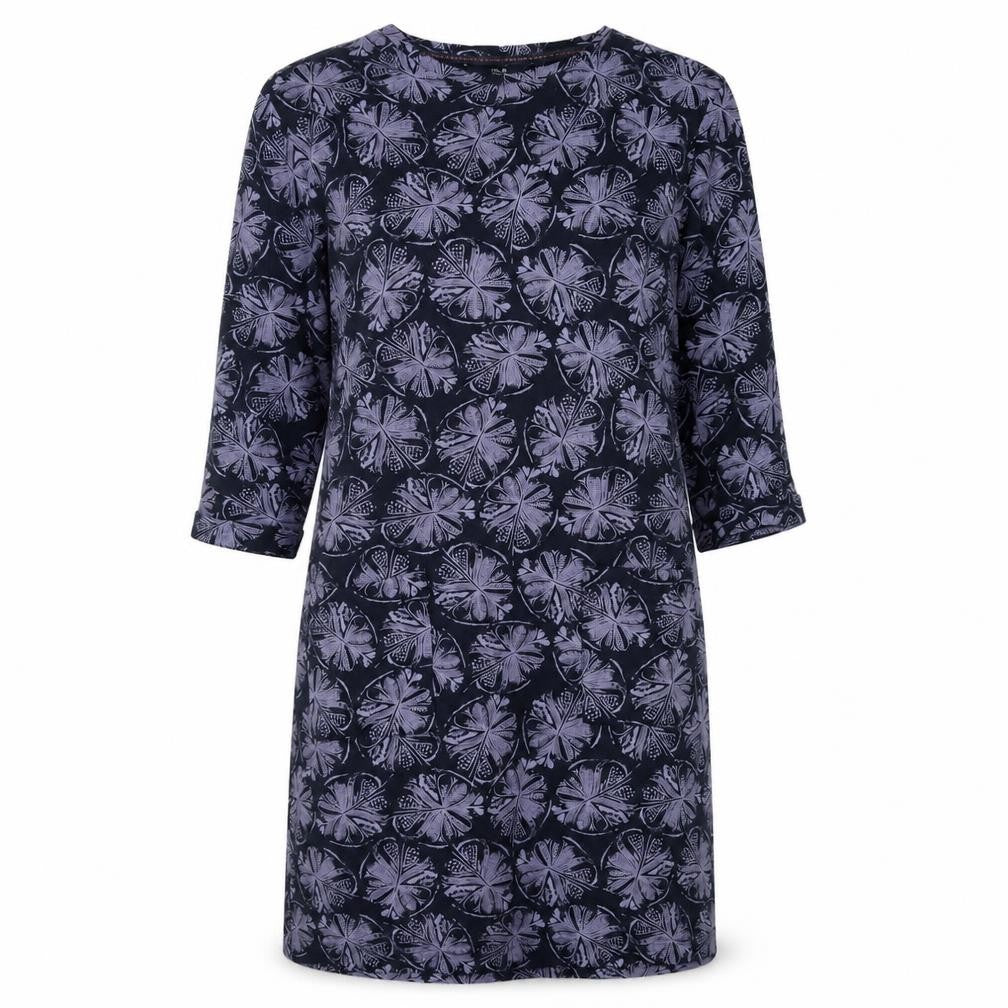 Front view of EWM women’s blue cotton shift, size UK 14, round neck