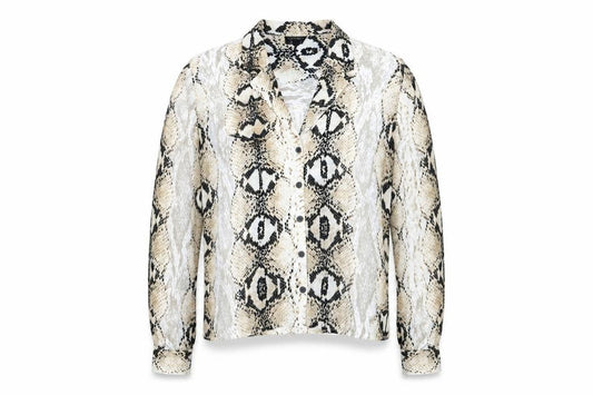 Front view of Topshop women’s ivory animal print polyester basic button-up, size UK 14, collared