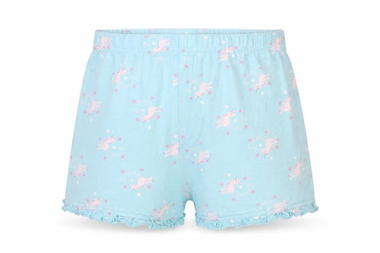 Front view of Matalan girls’ blue solid cotton top sleep shorts, size 4-5, years