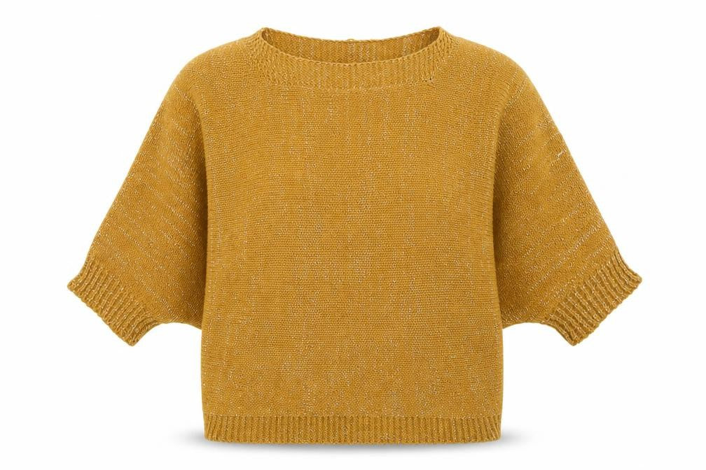 Front view of Amanti women’s yellow acrylic pullover sweatshirt, size S, pullover