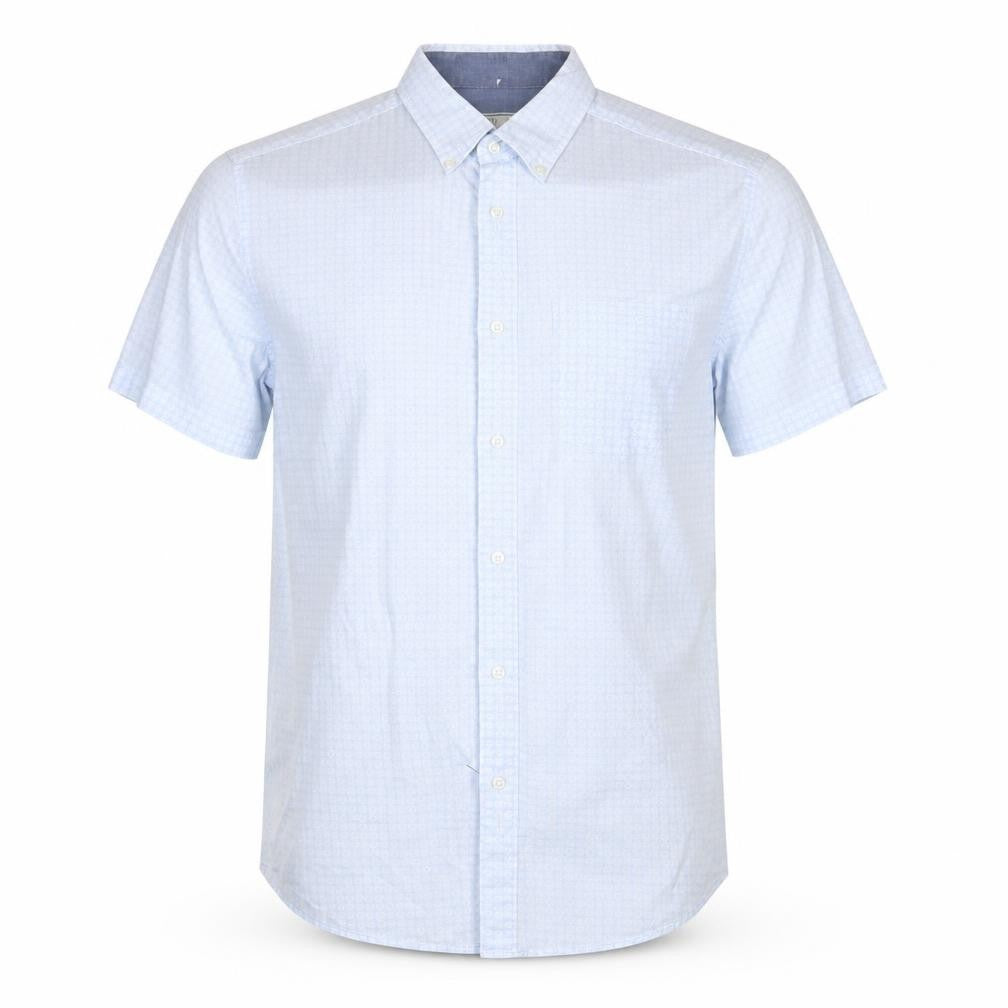 Front view of Next men’s blue geometric cotton button-up, size S, collared button