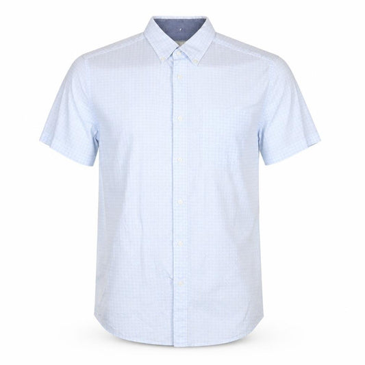Front view of Next men’s blue geometric cotton button-up, size S, collared button