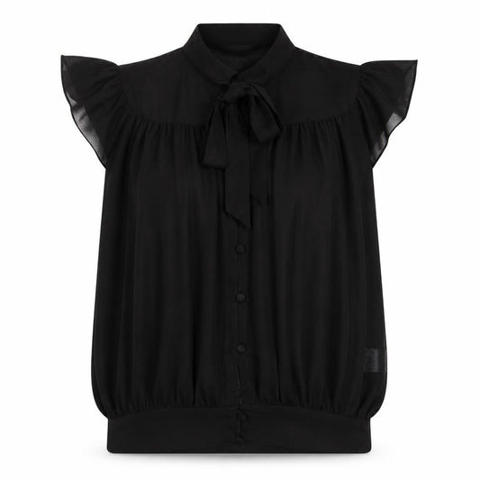 Front view of evie women’s black polyester basic button-up, size UK 10, crew neck