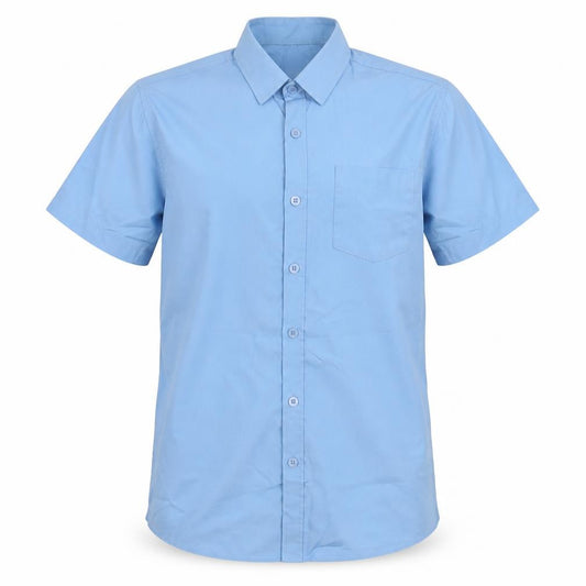 Front view of Next boys’ blue polyester basic button-up, size 12, years collared button - school wear