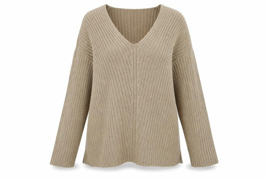 Front view of Boohoo women’s beige acrylic pullover sweatshirt, size UK 16, pullover