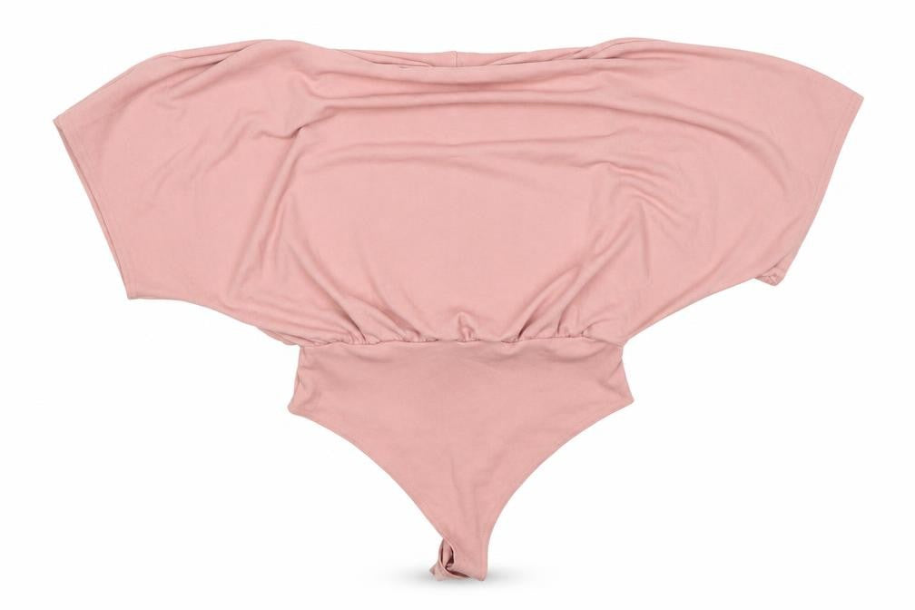 Front view of Boohoo women’s pink polyester bodysuit one-piece, size UK 12