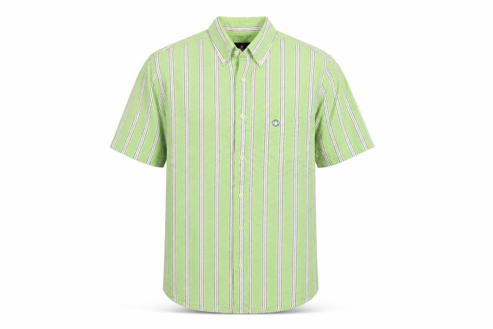 Front view of Murphy & Nye men’s green striped cotton button-up, size M, collared