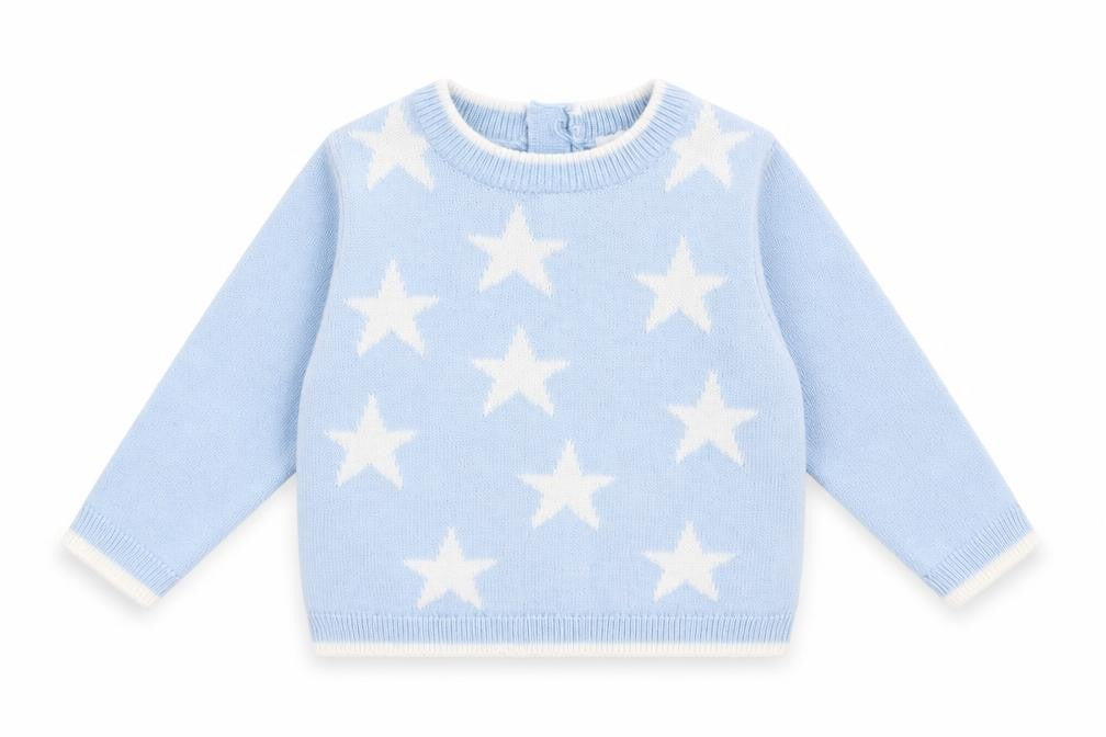 Bonjour Bebe Baby Blue  Acrylic Pullover Jumper Size 0-3 Months  Button - Star Print