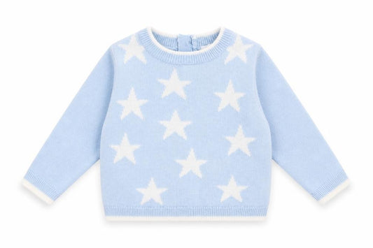 Front view of Bonjour Bebe Baby Blue Acrylic jumper, size 0-3, Months Button - Star Print