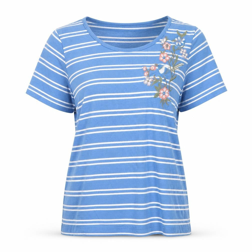 Front view of Cellbes women’s blue striped cotton basic t-shirt, size UK 8, crew neck