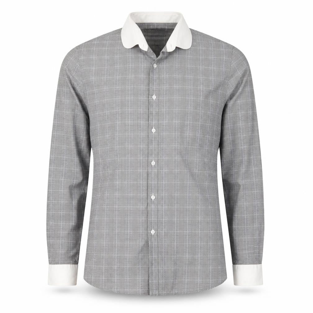 Front view of Limehaus men’s grey plaid cotton button-up, size 15.5 collared button