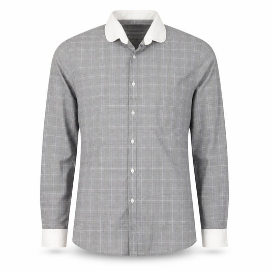 Front view of Limehaus men’s grey plaid cotton button-up, size 15.5 collared button