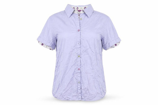 Front view of Tayberry women’s purple cotton basic button-up, size L, collared