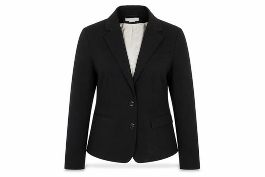 Front view of H&M women’s black cotton jacket blazer, size UK 42