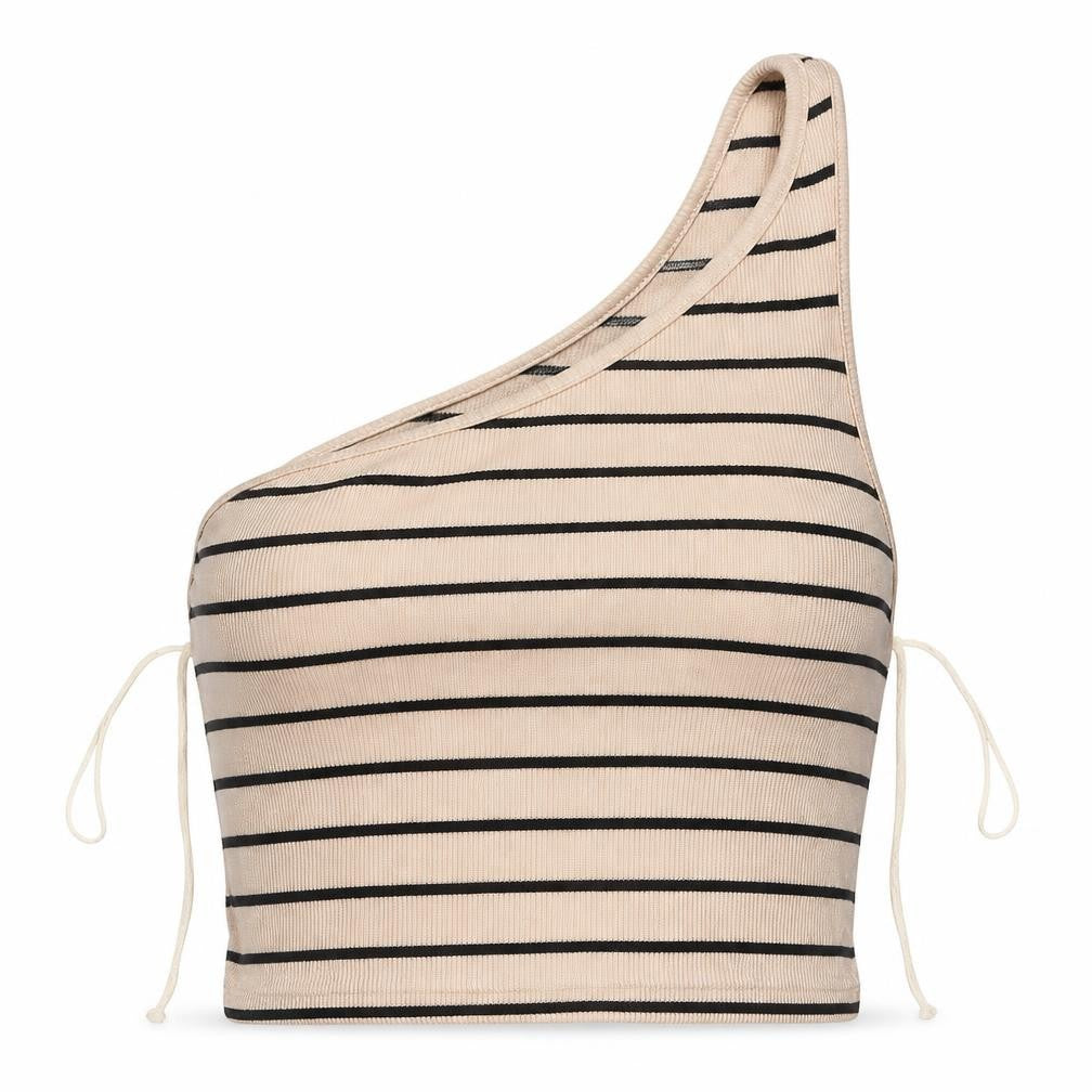 Primark Womens Beige Striped Cotton Cropped Tank Size 2XS One Shoulder