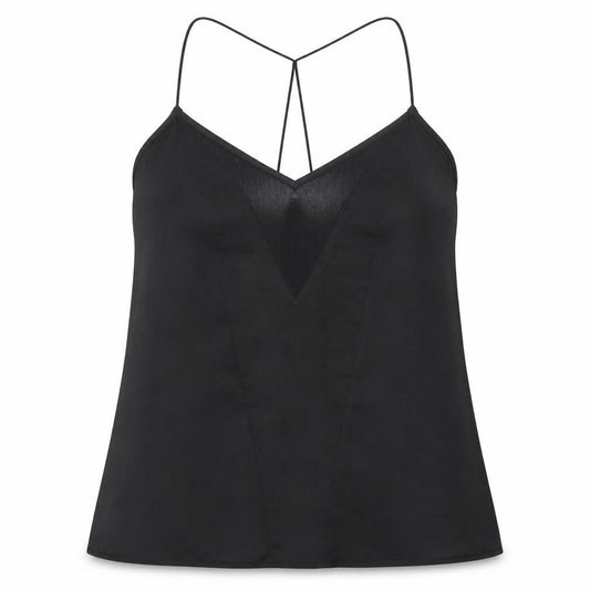 Front view of ASOS women’s black polyester basic tank, size UK 10, v-neck