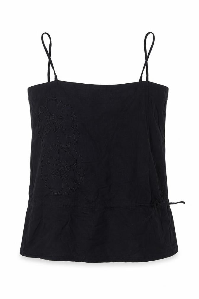 Front view of GreatPlains women’s black cotton basic tank, size M, off the shoulder