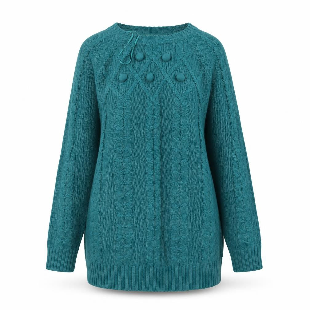 Front view of Damart women’s green round neck acrylic jumper, size UK 10
