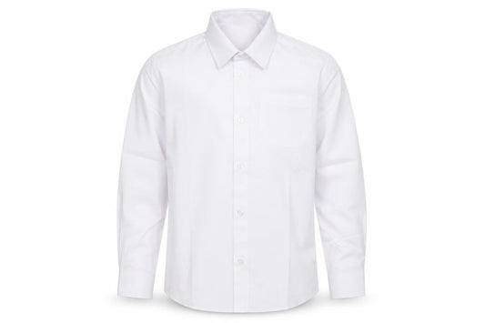 Front view of F&F boys’ white polyester basic button-up, size 8-9, years collared button - school
