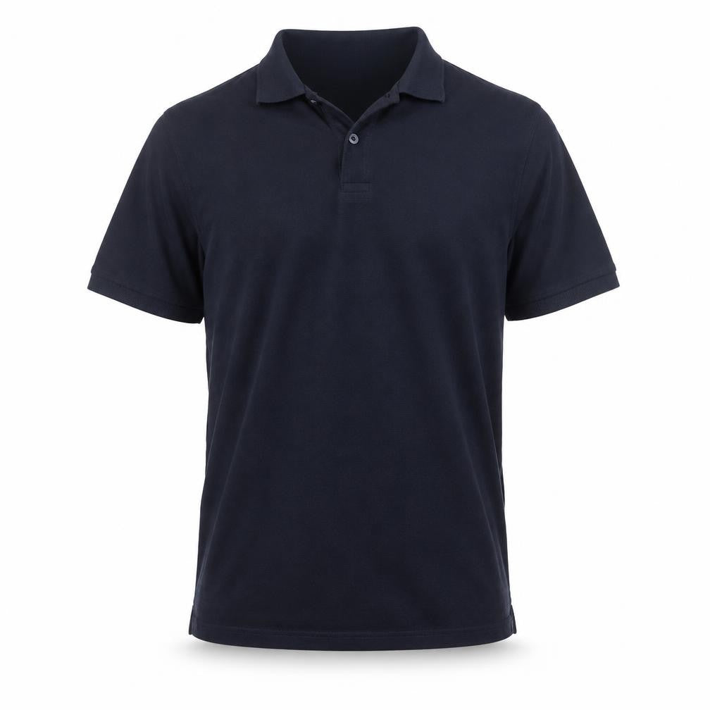 Front view of Printer Activewear men’s blue cotton polo, size L, collared