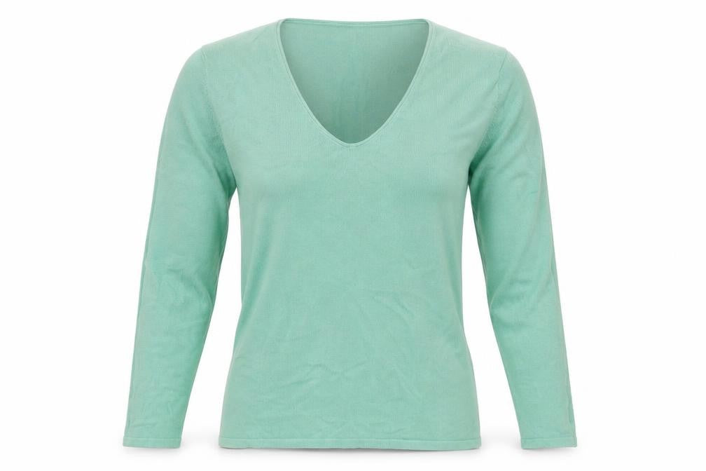 Front view of Tom Tailor women’s green v-neck cotton jumper, size M