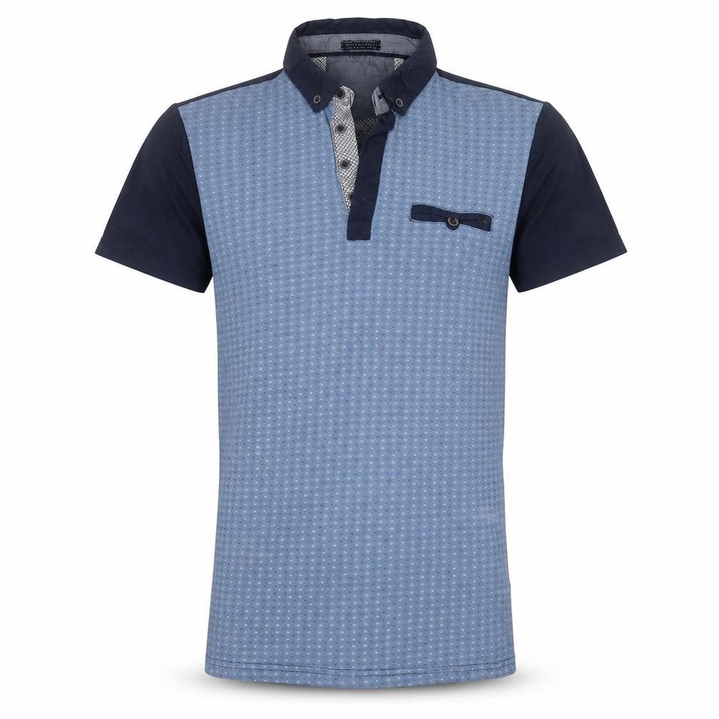 Front view of Easy men’s blue geometric cotton polo, size S, collared