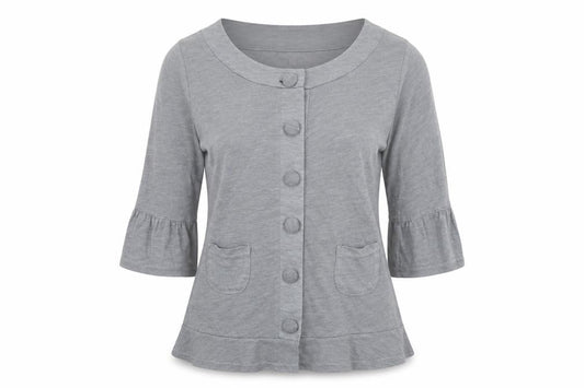 Front view of Next women’s grey v-neck polyester cardigan jumper, size UK 8