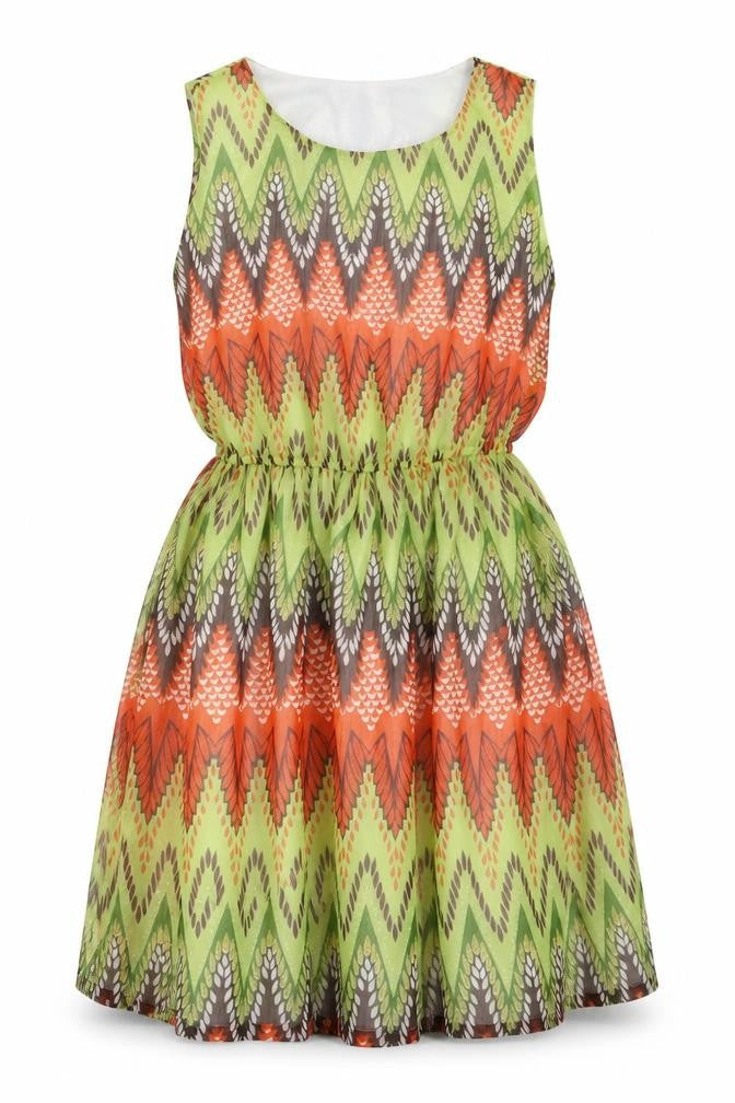 Front view of Soda women’s green geometric polyester a-line, size UK 10, crew neck pullover